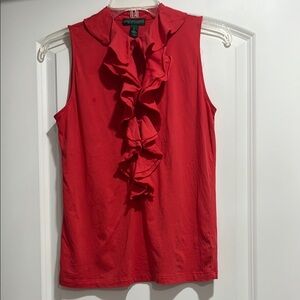 Ralph Lauren Red Sleeveless Ruffled Blouse with Mandarin Collar